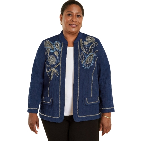 Alfred Dunner Navy Blue Paisley Embroidered Blazer Women's Plus 18 - Picture 1 of 7